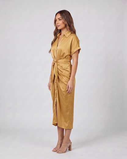 Side view of gold wedding guest collared v neck midi dress