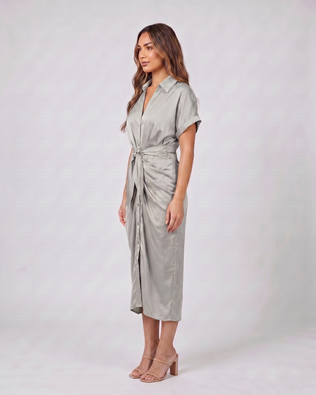 Side view of light gray wedding guest collared v neck midi dress
