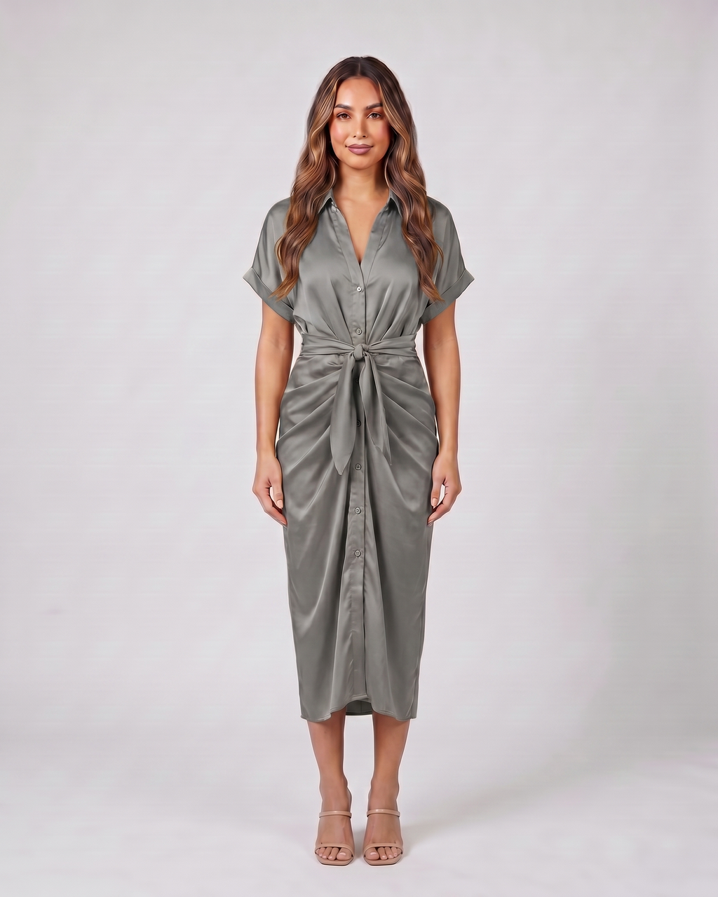 gray wedding guest collared v neck midi dress front view