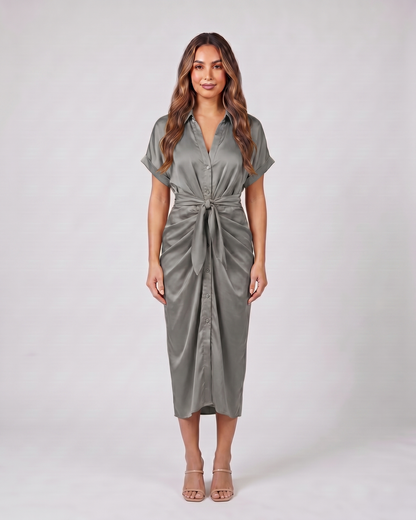 gray wedding guest collared v neck midi dress front view