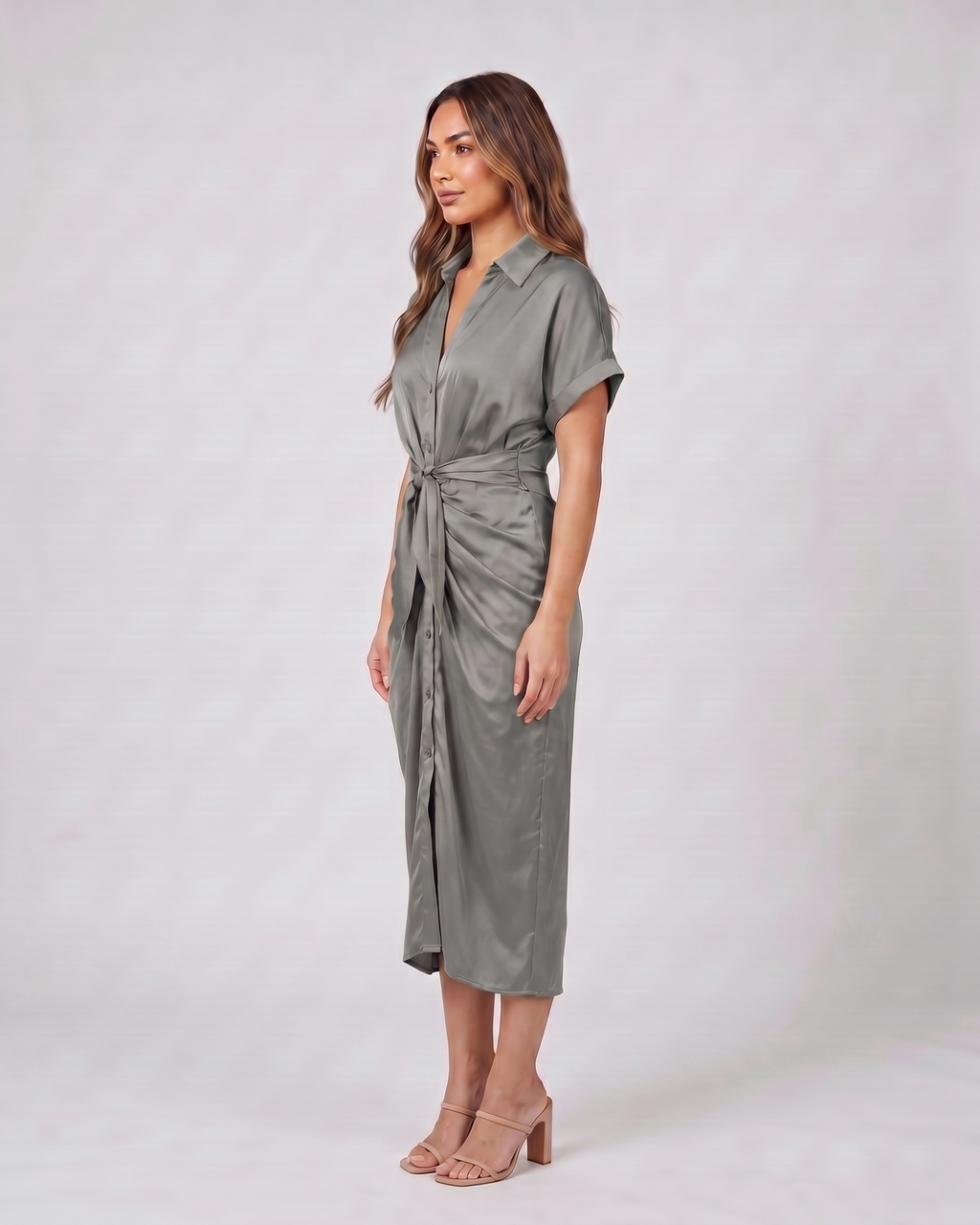 Side view of gray wedding guest collared v neck midi dress