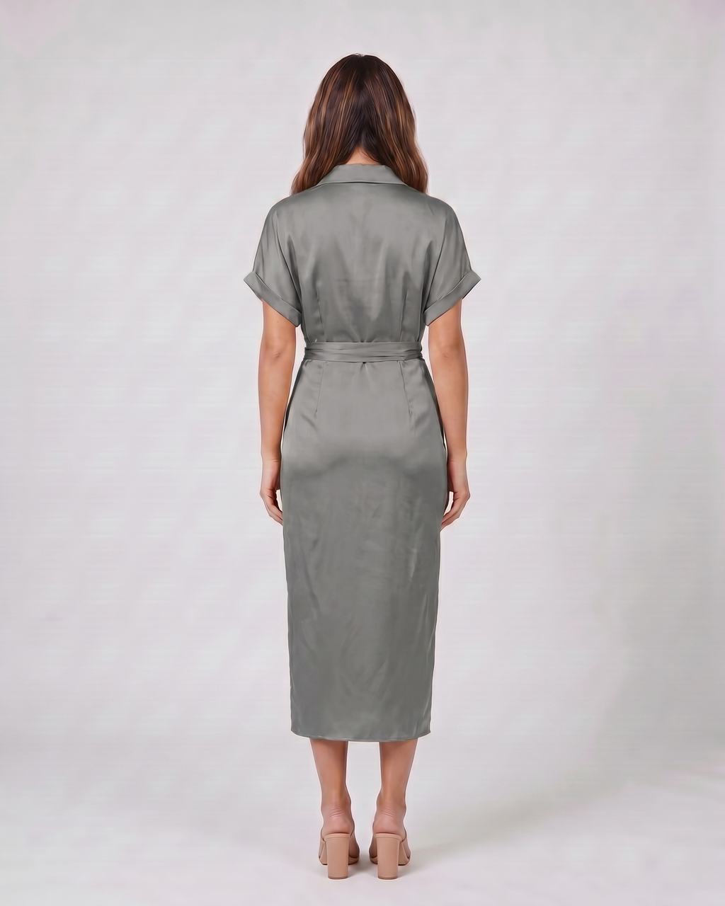 Back view of gray wedding guest collared v neck midi dress showing solid back