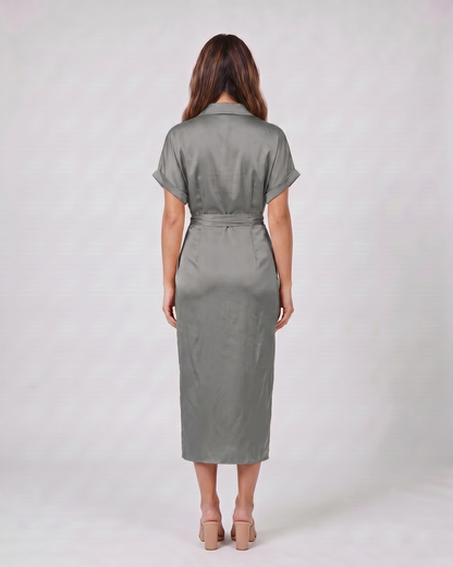 Back view of gray wedding guest collared v neck midi dress showing solid back