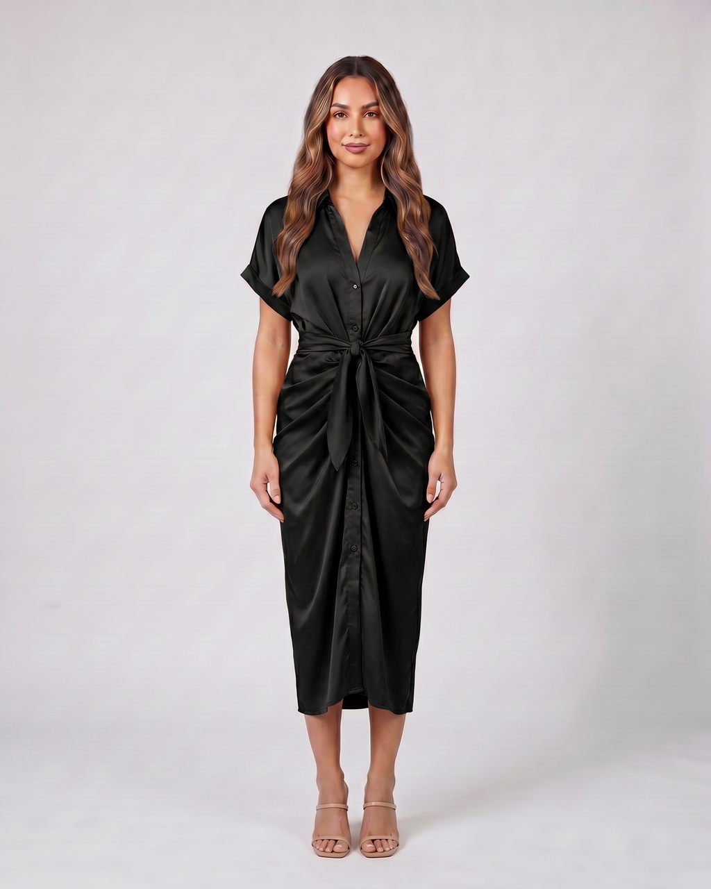 black wedding guest collared v neck midi dress front view