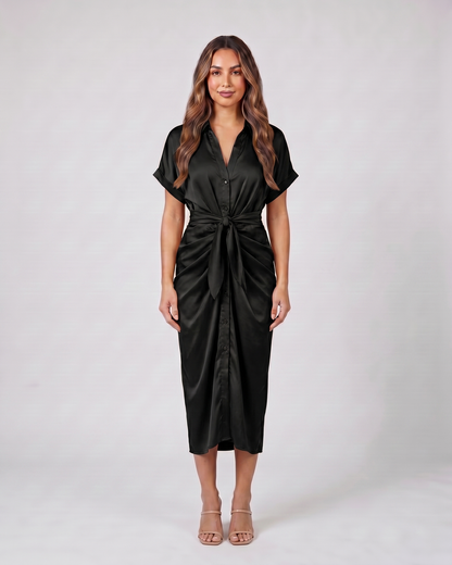 black wedding guest collared v neck midi dress front view