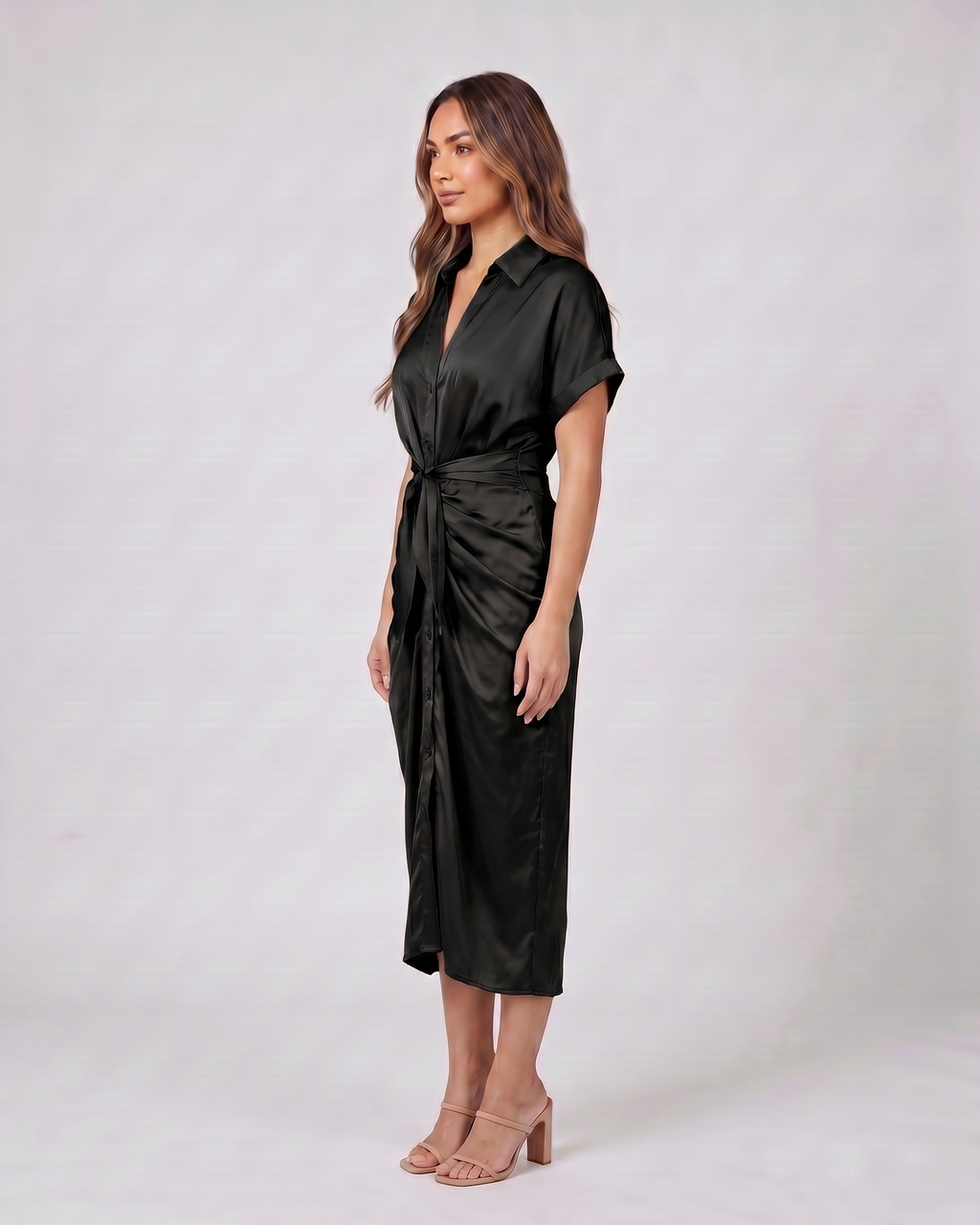 Side view of black wedding guest collared v neck midi dress