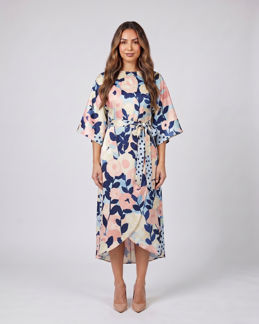 floral wedding guest floral kimono midi dress front view with roses and floral