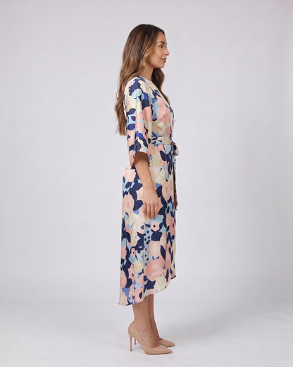 Side view of floral wedding guest floral kimono midi dress
