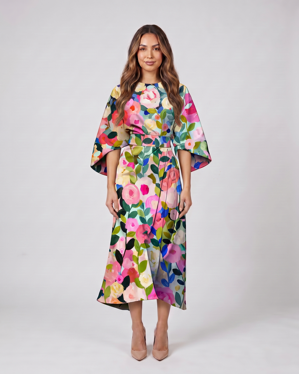 colorful wedding guest floral kimono midi dress front view with roses and floral