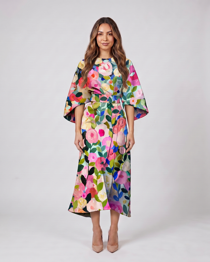 colorful wedding guest floral kimono midi dress front view with roses and floral