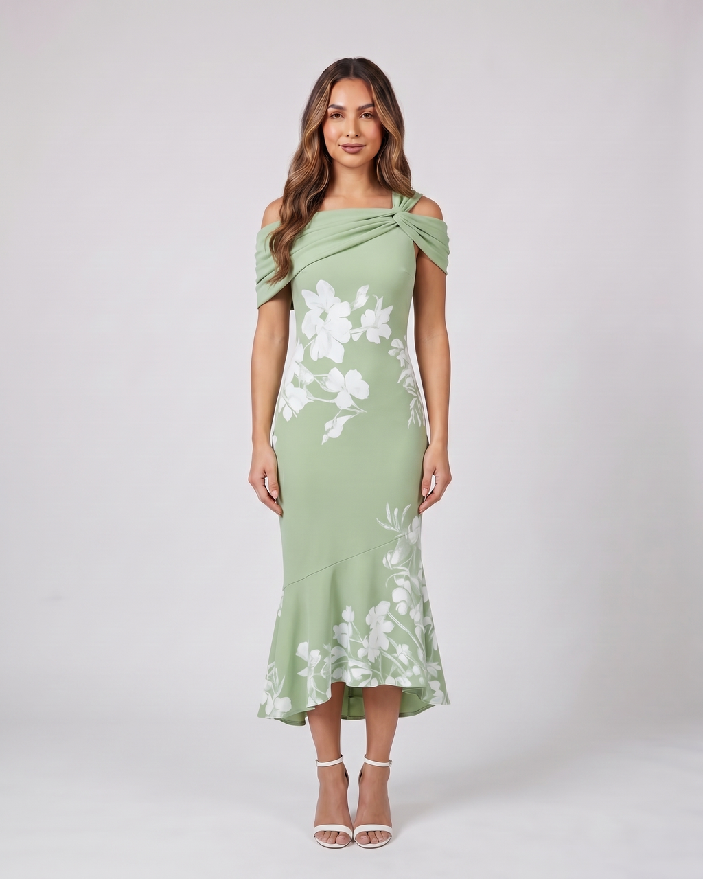 green wedding guest floral off shoulder midi dress front view with large-scale floral