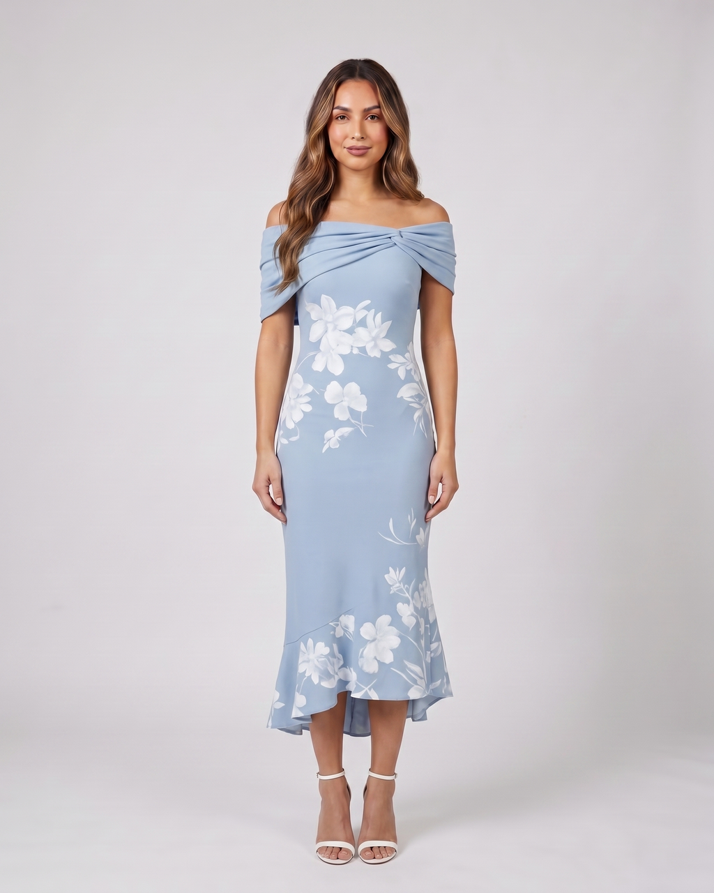 blue wedding guest floral off shoulder midi dress front view with large-scale floral