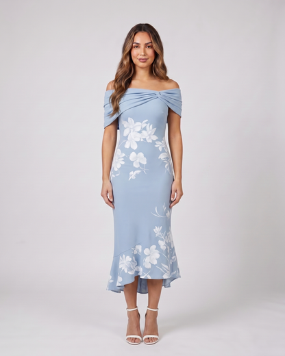 blue wedding guest floral off shoulder midi dress front view with large-scale floral