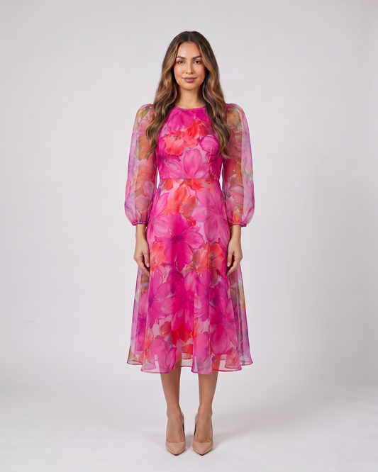 pink wedding guest floral puff sleeve midi dress front view with watercolor floral print