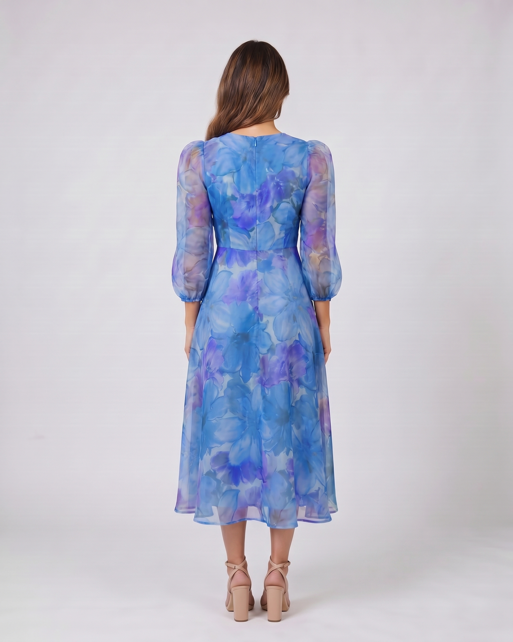 Women Wedding Guest Floral Puff Sleeve Midi Dress