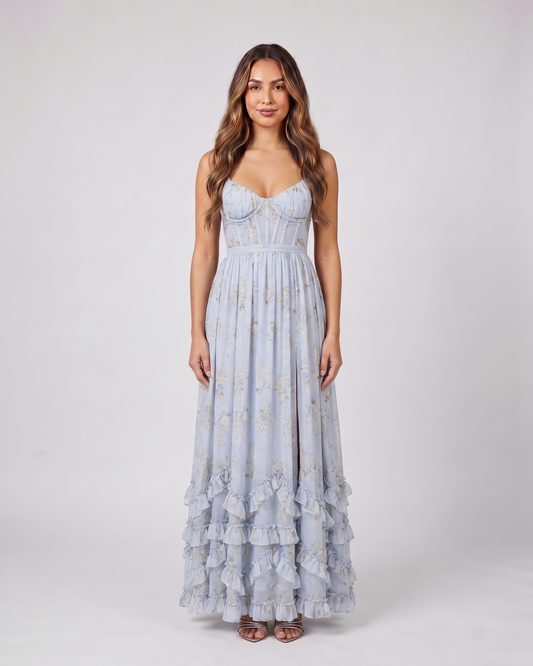 blue wedding guest floral sweetheart maxi dress front view with floral print and ruffles