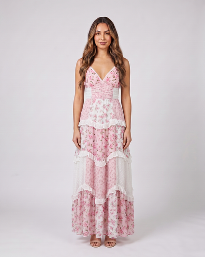 pink wedding guest floral v neck maxi dress front view with floral print and dotted texture