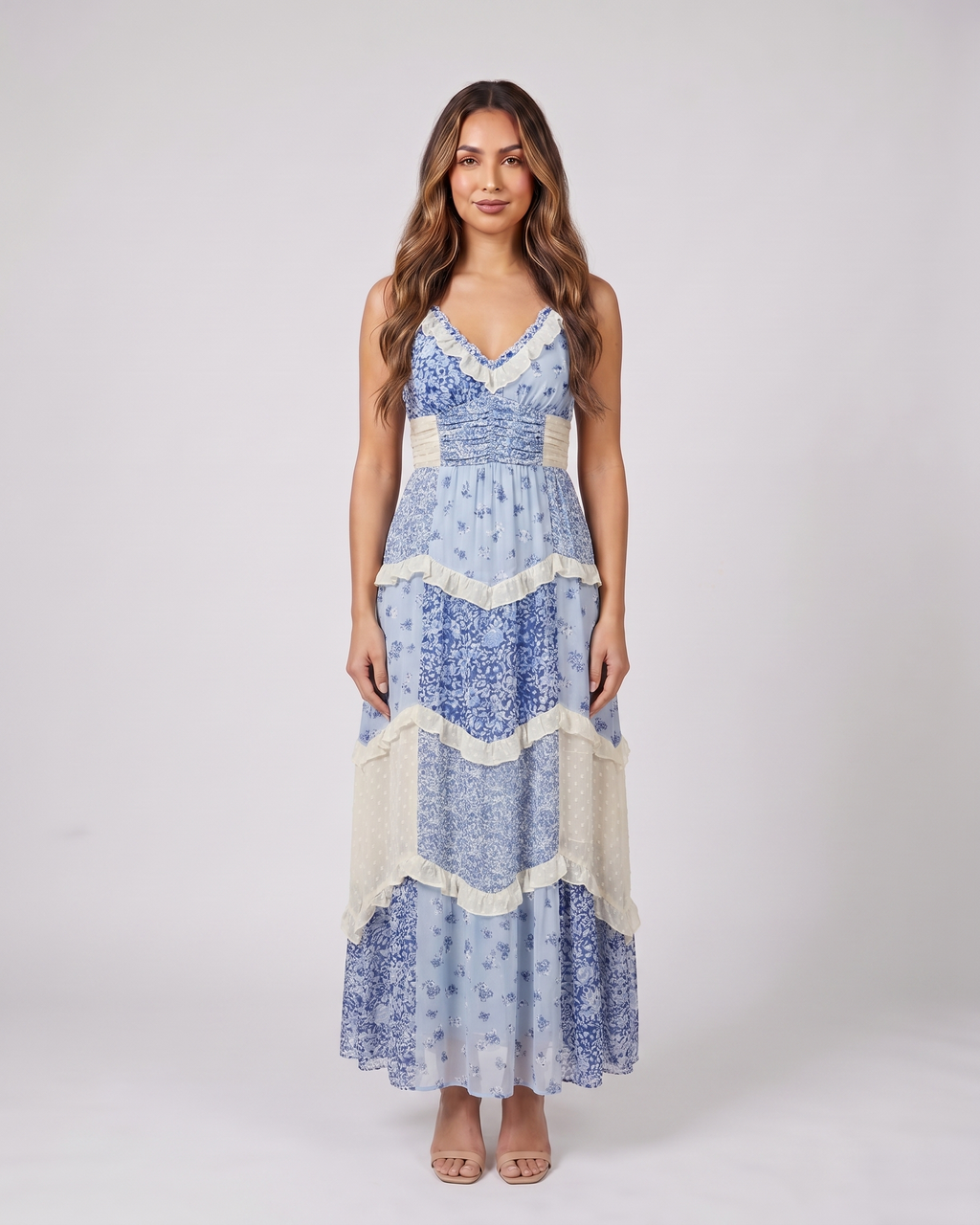 blue wedding guest floral v neck maxi dress front view with floral print and dotted texture