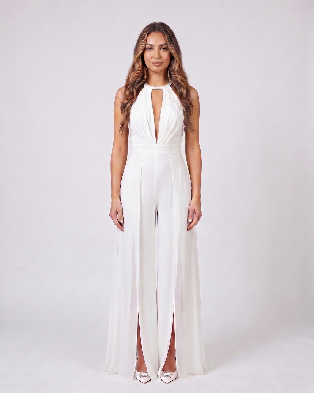 white wedding guest halter v neck wide leg jumpsuit front view with floral lace and beading