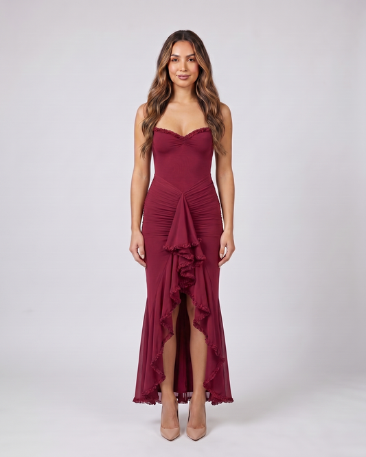 burgundy wedding guest ruched sweetheart maxi dress front view