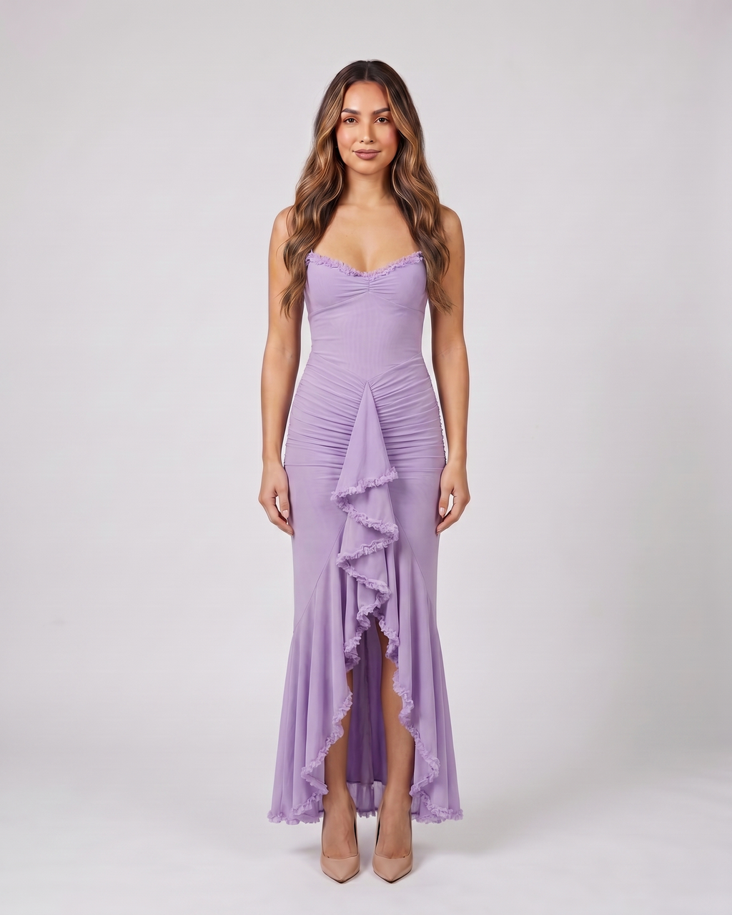purple wedding guest ruched sweetheart maxi dress front view