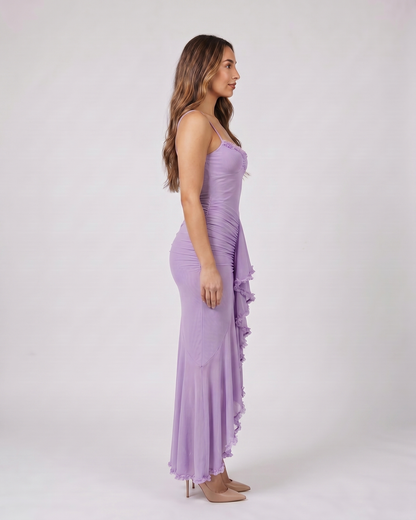 Side view of purple wedding guest ruched sweetheart maxi dress