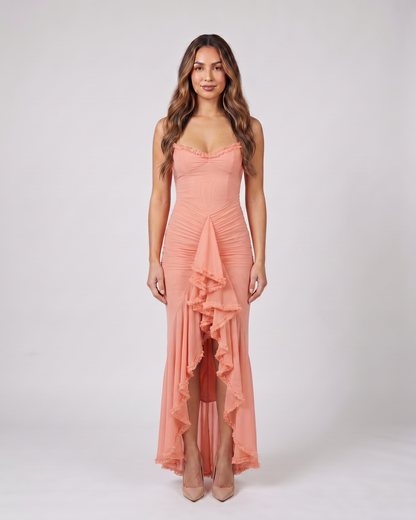 pink wedding guest ruched sweetheart maxi dress front view
