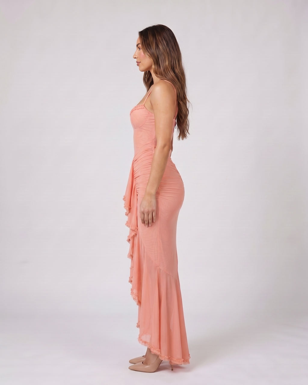 Side view of pink wedding guest ruched sweetheart maxi dress