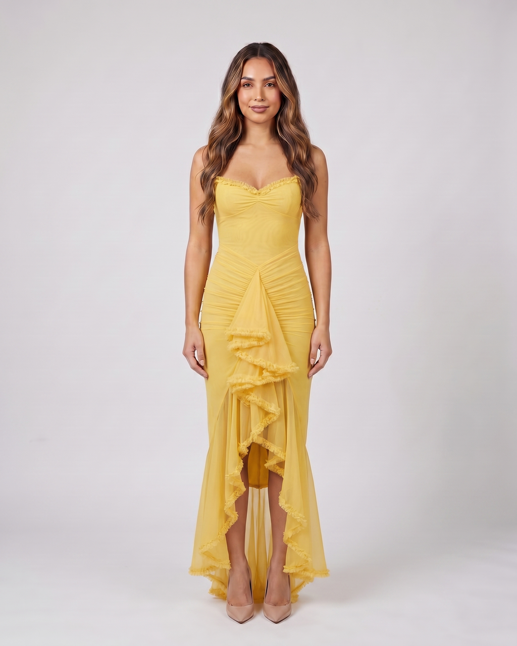 yellow wedding guest ruched sweetheart maxi dress front view
