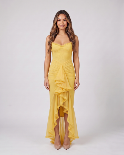 yellow wedding guest ruched sweetheart maxi dress front view