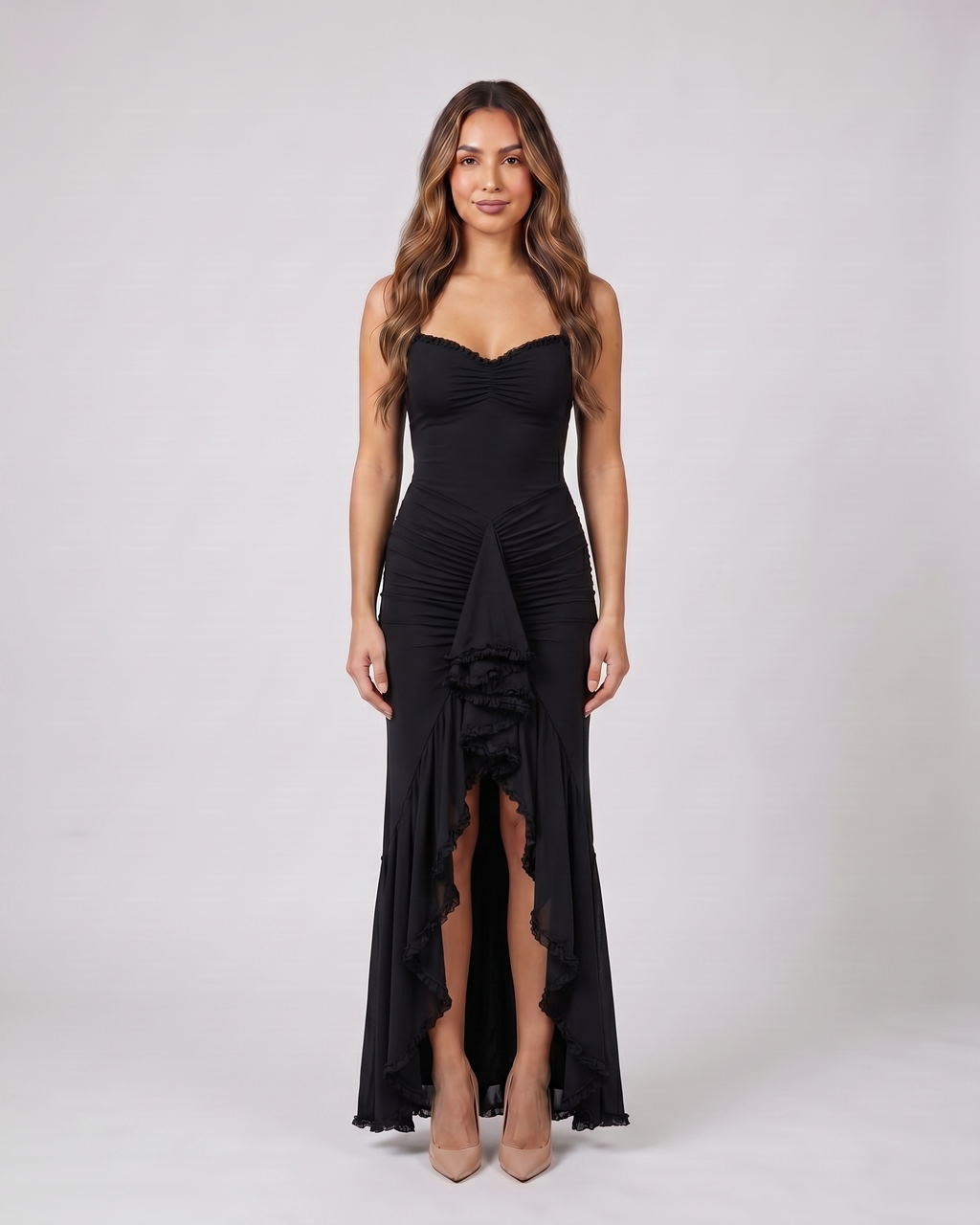 black wedding guest ruched sweetheart maxi dress front view