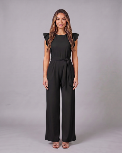 black wedding guest ruffle sleeve wide leg jumpsuit front view