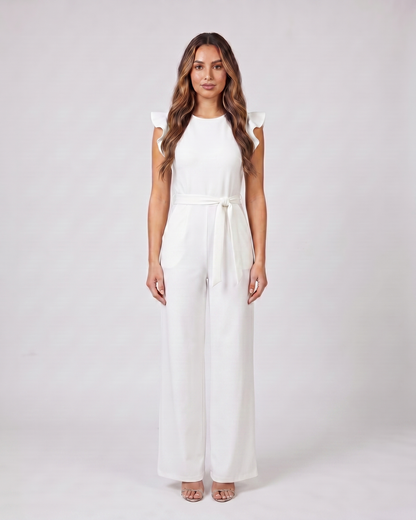 white wedding guest ruffle sleeve wide leg jumpsuit front view