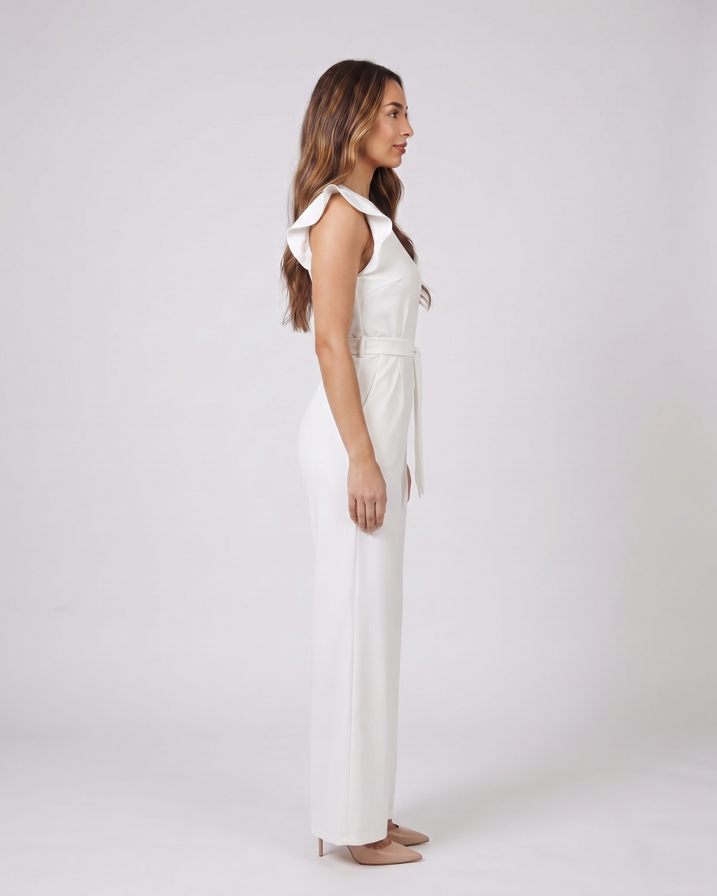 Side view of white wedding guest ruffle sleeve wide leg jumpsuit
