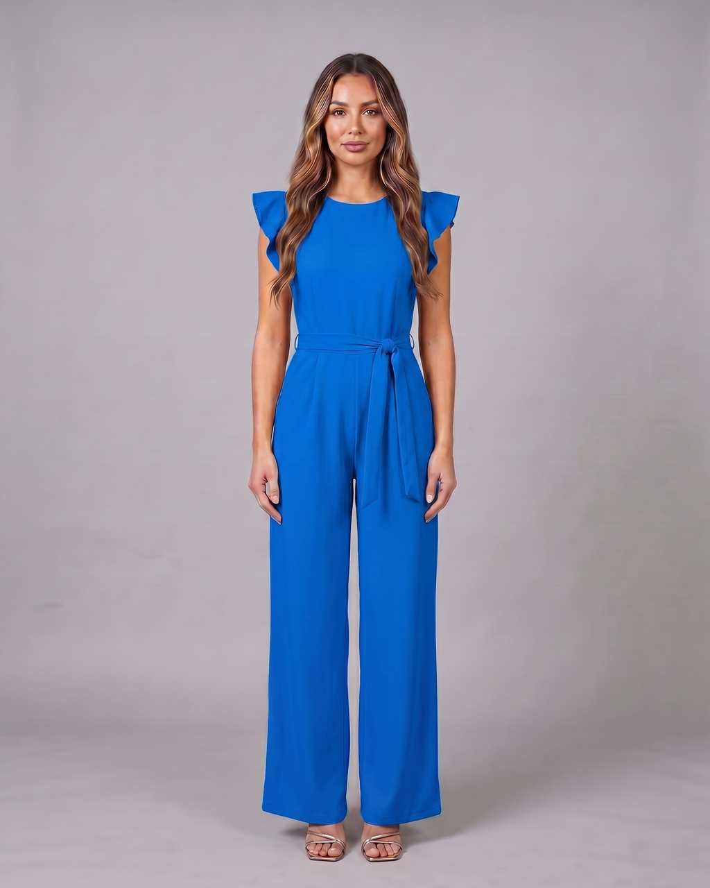 blue wedding guest ruffle sleeve wide leg jumpsuit front view