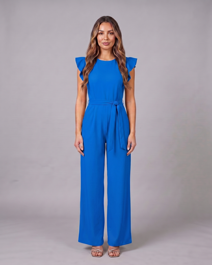 blue wedding guest ruffle sleeve wide leg jumpsuit front view