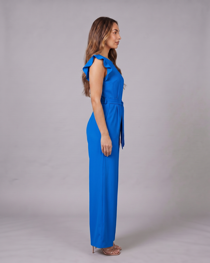 Side view of blue wedding guest ruffle sleeve wide leg jumpsuit
