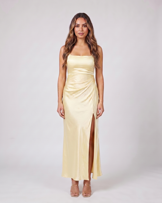 yellow wedding guest square neck maxi dress front view