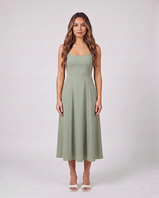 green wedding guest square neck midi dress front view