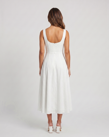 Back view of white wedding guest square neck midi dress showing deep scoop back with concealed zipper closure