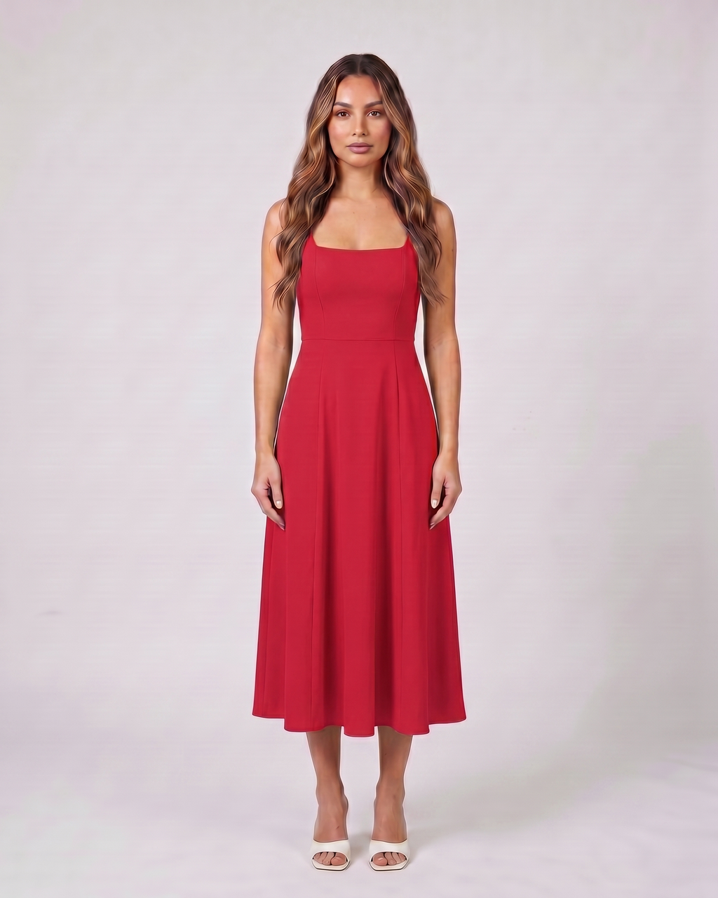 red wedding guest square neck midi dress front view