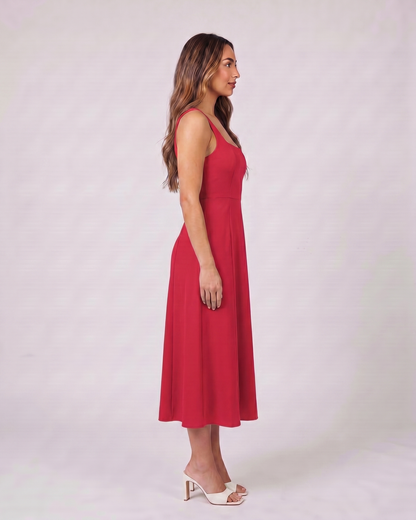 Side view of red wedding guest square neck midi dress