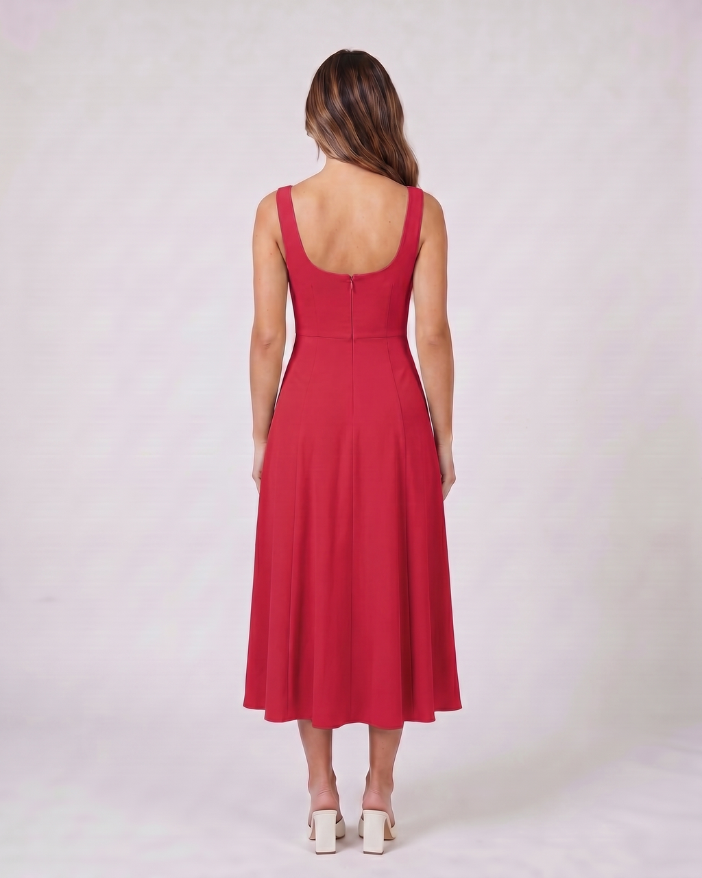 Back view of red wedding guest square neck midi dress showing deep scoop back with concealed zipper closure