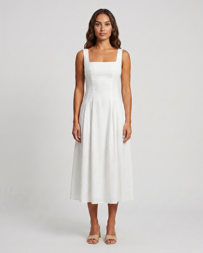 white wedding guest square neck midi dress front view
