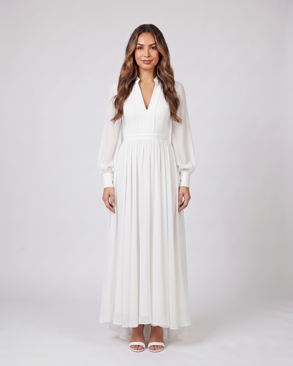 white wedding guest v neck long sleeve maxi dress front view