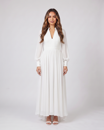 white wedding guest v neck long sleeve maxi dress front view