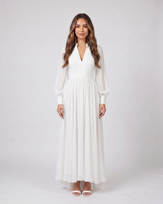 white wedding guest v neck long sleeve maxi dress front view