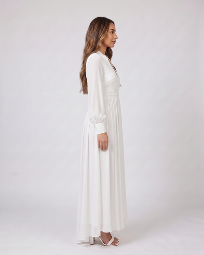 Side view of white wedding guest v neck long sleeve maxi dress