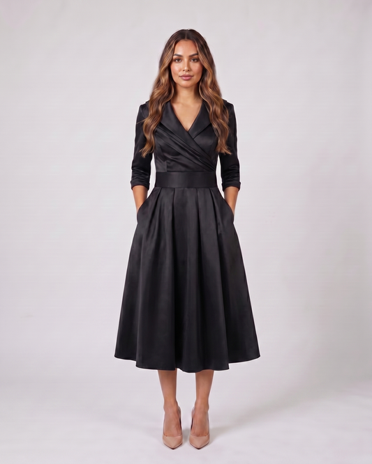 black wrap v neck 3/4 sleeve with pockets midi dress front view