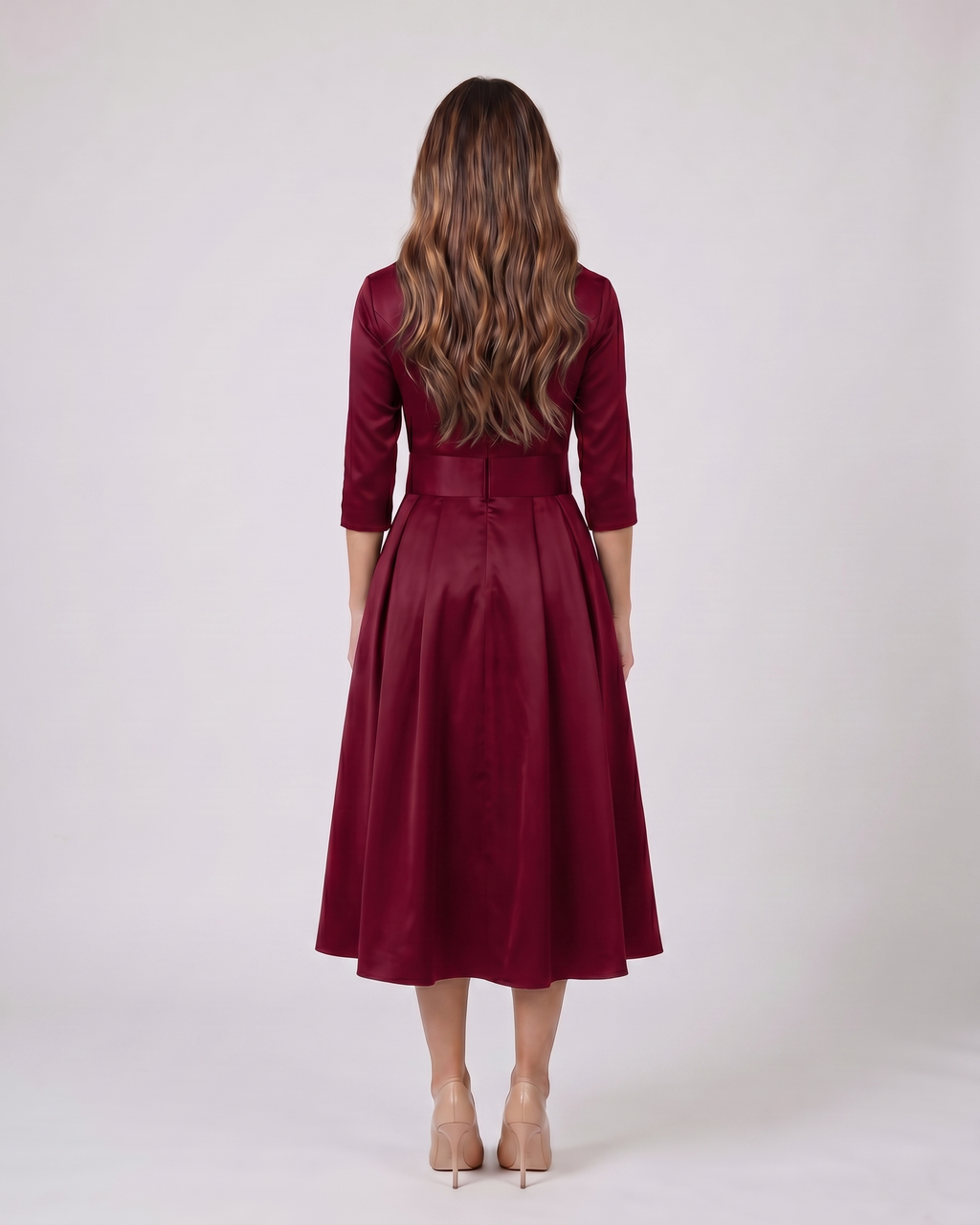 Back view of burgundy wrap v neck 3/4 sleeve with pockets midi dress showing solid back with center seam, concealed zipper closure